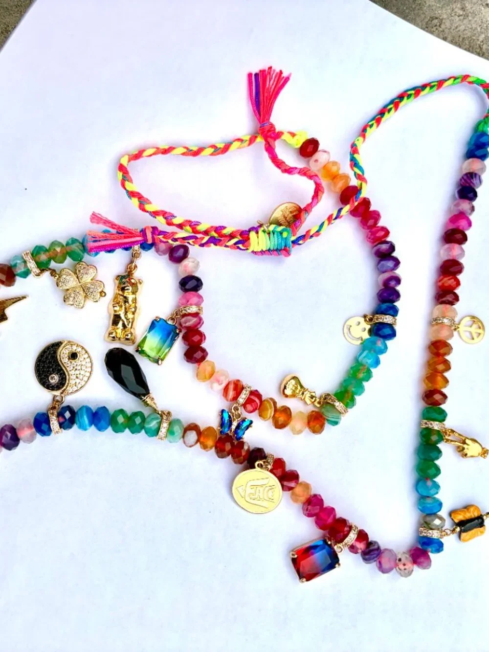 Stunning, colorful long charm necklace from Venessa Arizaga, adjustable to 36